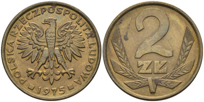 Польша 2 злотых 1975 монетный двор Ленинград (ЛМД) KM 80.1, Parchimowicz 217a латунь 4580-729
