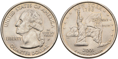 США 25 центов = квотер 2001 Р, серия штаты США, Нью-Йорк KM 318 медь плакированная медно-никелем 4586-147