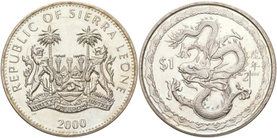 Сьерра-Леоне 1 доллар 2000 год дракона KM 142 медно-никель BU 4368-1031