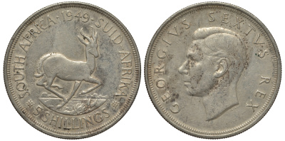 ЮАР 5 шиллингов 1949 Георг VI (1936-1952), антилопа KM 40.1 серебро 650-342