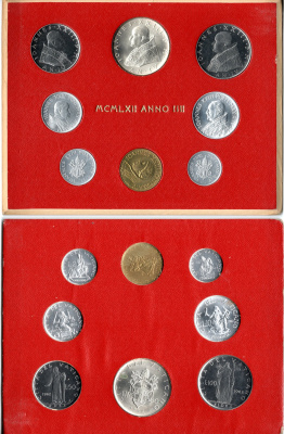 Ватикан официальный набор из 8 монет (1, 2, 5, 10, 20, 50, 100 и 500 лир) 1962 в оригинальном буклете KM MS64 (58.2, 59.2, 60.2, 61.2, 62.2, 63.2, 64.2 и 65.2) UNC 4-3-4-45