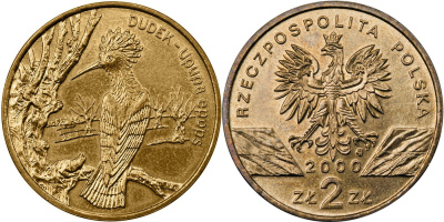 Польша 2 злотых 2000 MW, серия сохраним природу, удод KM 388 нордик  UNC 4521-825