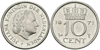 Нидерланды 10 центов 1971 Юлиана (1948-1980) KM 182 никель 96-418