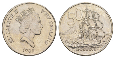 Новая Зеландия 50 центов 1988 Елизавета II (1952-2022), парусник Индевор KM 63 медно-никель 81-833