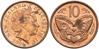 Новая Зеландия 10 центов 2006 Елизавета II (1952-2022), маска маори KM 117а сталь плакированная медью 106-1032