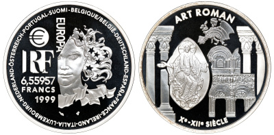 Франция 1 евро = 6,55957 франков 2000 романский стиль в архитектуре Средневековья (X-XII века) в коробке с сертификатом KM 1245 серебро PROOF 4-3-3-09