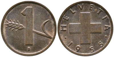 ШВЕЙЦАРИЯ 1 РАППЕН 1955 В KM 46 бронза 4528-617