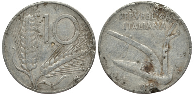 ИТАЛИЯ 10 ЛИР 1955 R, КОЛОСЬЯ, ПЛУГ KM 93 алюминий G 4182-523
