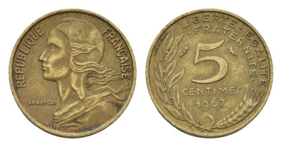 Франция 5 сантимов 1967 KM 933 алюминиевая бронза 4674-552