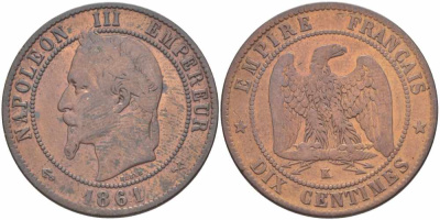 Франция 10 сантимов 1861 K, Наполеон III (1852-1870) KM 798.3, Le Franc 134.4 бронза    4680-646