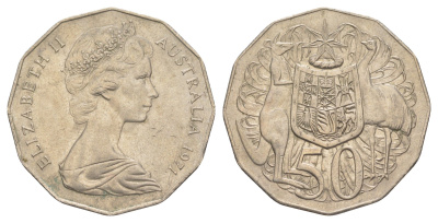 Австралия 50 центов 1971 Елизавета II (1952-2022), герб Австралии, кенгуру KM 68 медно-никель 4381-1022