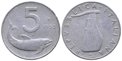 Италия 5 лир 1953 R, дельфин, плуг KM 92 алюминий 51-2556