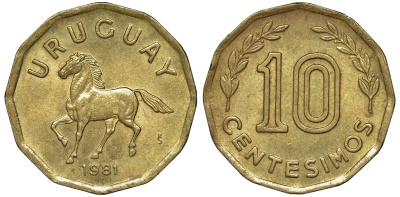 Уругвай 10 сентесимо 1981 KM 66 алюминиевая бронза 4169-545