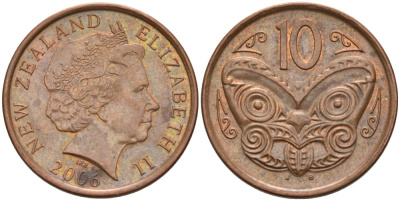 Новая Зеландия 10 центов 2006 маска Маори, Елизавета II (1952-) KM 117а сталь плакированная медью 186-431