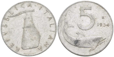 ИТАЛИЯ 5 ЛИР 1954 R, РУЛЬ, ДЕЛЬФИН KM 92 алюминий 175-131