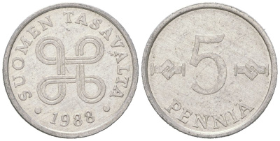 Финляндия 5 пенни 1988 KM 45a алюминий 4617-1258