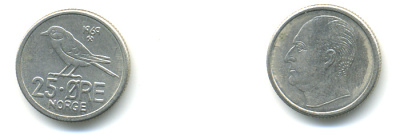 Норвегия 25 эре 1969 Улаф V (1958-1991), синица KM 407 медно-никель 86-735