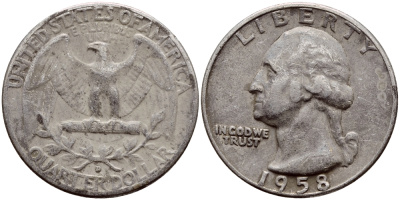 США 25 центов = квотер 1958 D, Вашингтон KM 164 серебро 25-2114
