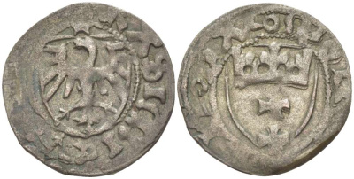 Польша, Данциг 1 шиллинг (шеляг) 1442-1495 Казимир IV династия Ягеллонов (1442-1495), вес 1,44 гр. Kopicki 7224 серебро 1517-435