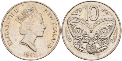 Новая Зеландия 10 центов 1997 Елизавета II (1952-2022), маска маори KM 61 медно-никель 4126-1237