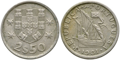 ПОРТУГАЛИЯ 2,5 ЭСКУДО 1981 ПАРУСНИК KM 590 медно-никель 4387-125