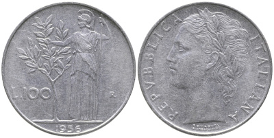 ИТАЛИЯ 100 ЛИР 1956 R, АФИНА KM 96.1 нержавеющая сталь 32-621