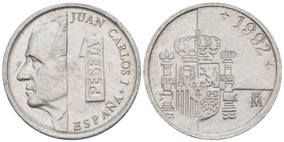 ИСПАНИЯ 1 ПЕСЕТА 1992 ХУАН КАРЛОС I ( 1975-) KM 832 алюминий 4181-1052