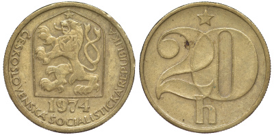 ЧЕХОСЛОВАКИЯ 20 ГЕЛЛЕРОВ 1974 KM 74 латунь 45-461