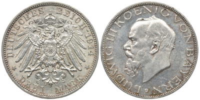 Бавария 3 марки 1914 D, Людвиг III (1913-1918) Weege 52, J. 52, KM 520 серебро 413-5522