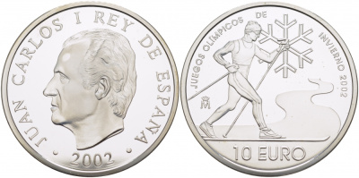 Испания 10 евро 2002 XIX зимние Олимпийские игры в Солт-Лейк-Сити , лыжник KM 1078 серебро PROOF 11-086-43