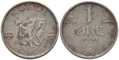 НОРВЕГИЯ 1 ЭРЕ 1943 ХОКОН VII (1905-1957), вторая мировая война KM 387 железо 3309-717