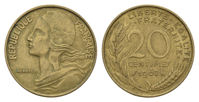Франция 20 сантимов 1967 KM 930 алюминиевая бронза 3336-947
