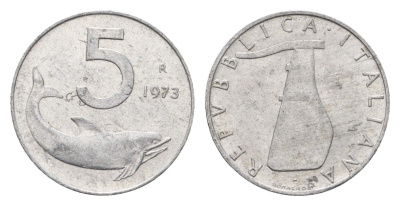 Италия 5 лир 1973 R, плуг, дельфин KM 92 алюминий 188-1229