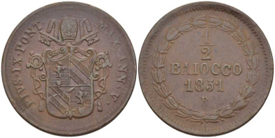 ВАТИКАН 1/2 БАЙОЧЧИ 1851 R, ГОД V, ПАПА ПИЙ IX (1846-1878) KM 1355 (С166) медь 1521-1342