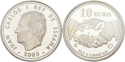 Испания 10 евро 2005 M, 60 лет миру и свободе в Европе KM 1065 серебро  PROOF  11-151-43