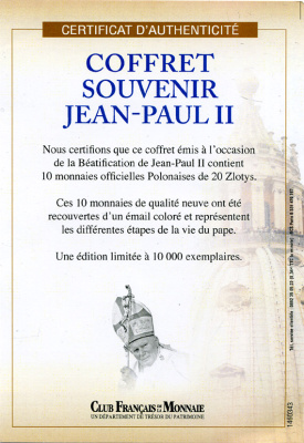 Польша набор из 10 монет 2011 беатификация понтифика папы Иоанна Павла II (1920-2005), в оригинальной коробке с сертификатом, цветная эмаль на 20 злотых    UNC  5-5-1-01