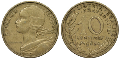 Франция 10 сантимов 1963 тип Marianne KM 929, Le Franc 144.3 медь алюминий никель 4128-153