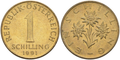 Австрия 1 шиллинг 1991 KM 2886 алюминиевая бронза 4575-351