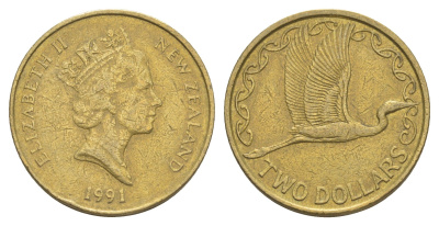 Новая Зеландия 2 доллара 1991 Елизавета II (1952-2022), большая белая цапля KM 79 алюминиевая бронза 4652-255