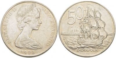 Новая Зеландия 50 центов 1978 Елизавета II (1952-2022), парусник Индевор KM 37.1 медно-никель 215-425
