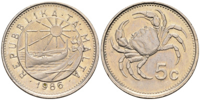 Мальта 5 центов 1986 краб KM 77 медно-никель 4516-962
