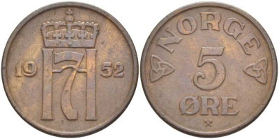 НОРВЕГИЯ 5 ЭРЕ 1952 ХАКОН VII (1905-1957) KM 400 бронза 215-125