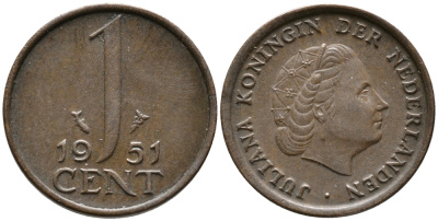 Нидерланды 1 цент 1951 Юлиана (1948-1980) КМ 180 бронза 100-565