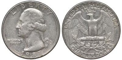 США 25 центов = квотер 1987 D, Вашингтон KM A164a медь плакированная медно-никелем 4543-552