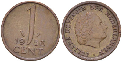 НИДЕРЛАНДЫ 1 ЦЕНТ 1956 КОРОЛЕВА ЮЛИАНА KM 180 бронза 3955-117