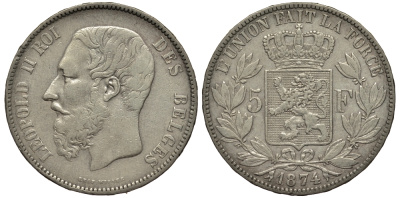 Бельгия 5 франков 1874 Леопольд II (1865-1909) KM 24 серебро    1530-944