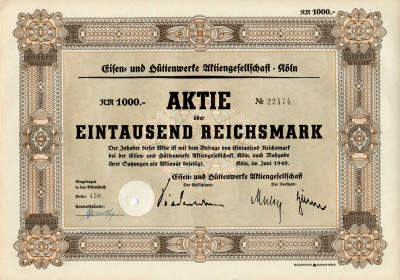 Германия 1000 рейхсмарок 1940 Акционерное общество металлургических и металлургических заводов, Кельн, акция   бумага   8803-62-1