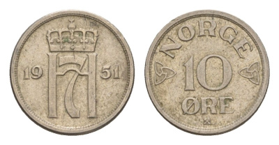 Норвегия 10 эре 1951 Хокон VII (1905-1957) KM 396 медно-никель 4632-1138