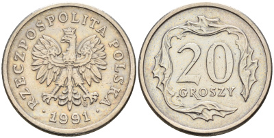 Польша 20 грошей 1991 MW KM 280 медно-никель    4564-235