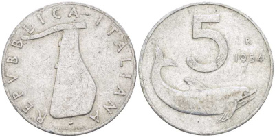ИТАЛИЯ 5 ЛИР 1954 R, РУЛЬ, ДЕЛЬФИН KM 92 алюминий 95-726